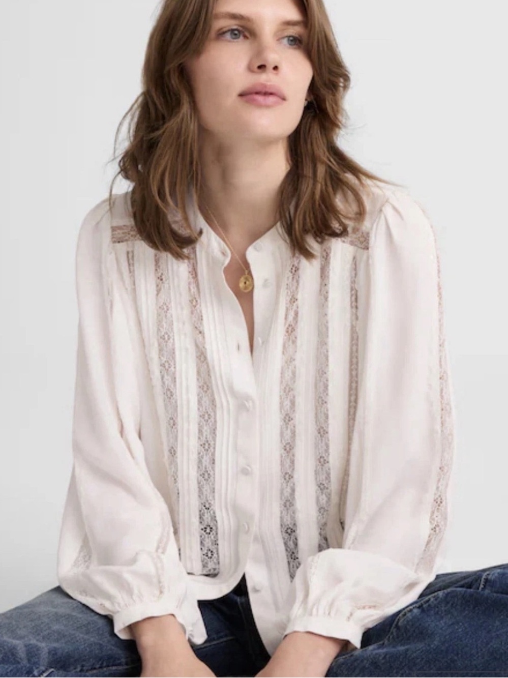 Madewell Small Lace-Insert Button-Up Long-Sleeve Top Ny338